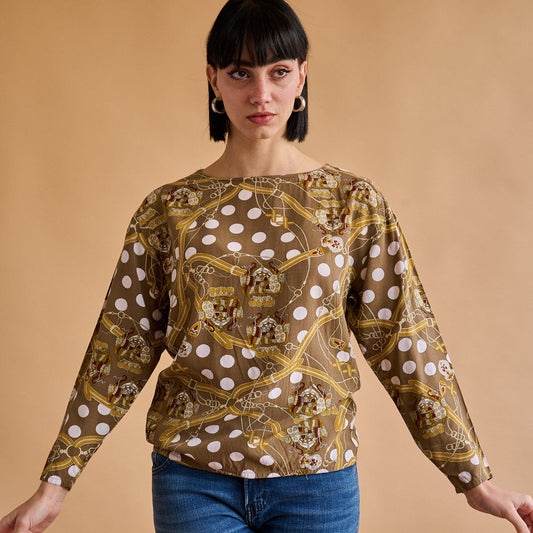 VIN-BLO-11683 Vintage μπλούζα εμπριμέ polka dots χακί S