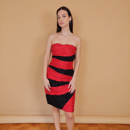 VIN-DR-29476 Vintage party φόρεμα κόκκινο μαύρο M