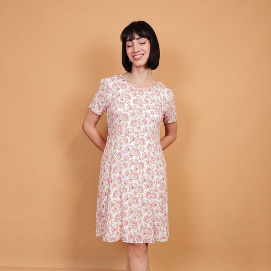 VIN-DR-27432 Vintage φόρεμα floral λευκό ροζ M-L