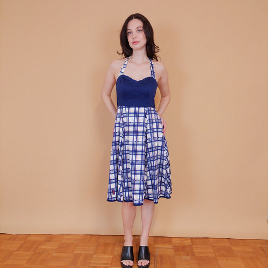 VIN-DR-31407 Vintage φόρεμα μπλε καρό S