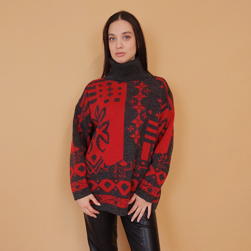 VIN-KNIT-29737 Vintage μπλούζα πλεκτή κόκκινη γκρι L