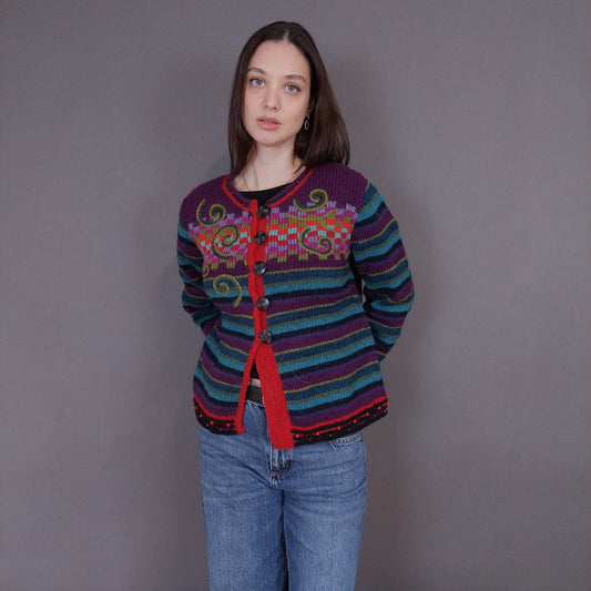 VIN-KNIT-33237 Vintage πλεκτή μάλλινη χειροποίητη ζακέτα S