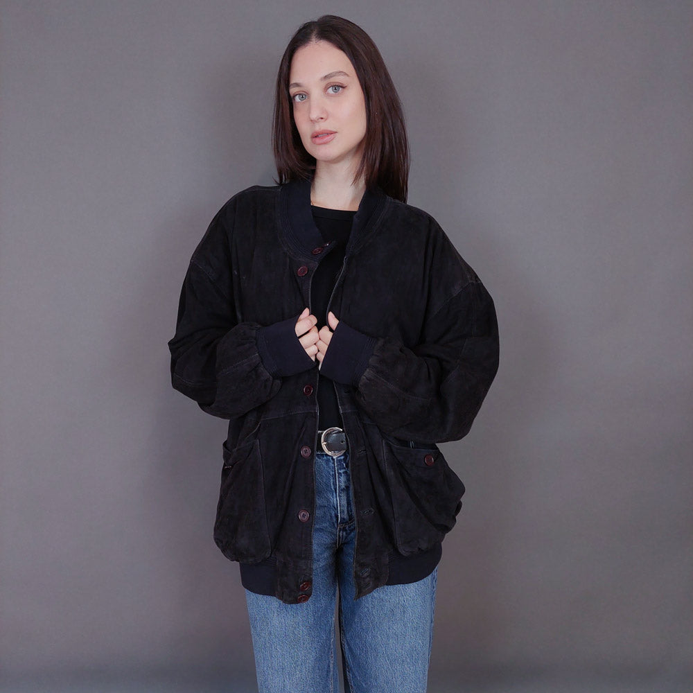 VIN-OUTW-33358 Vintage δερμάτινο σουέντ μαύρο jacket L-XL