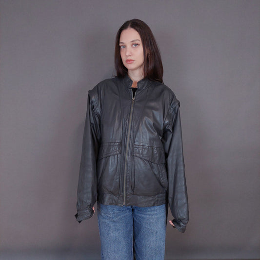 VIN-OUTW-33339 Vintage δερμάτινο γκρι bomber jacket L