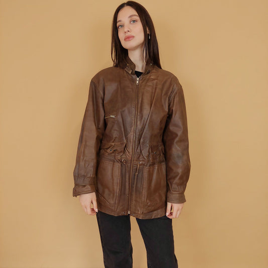 VIN-OUTW-30547 Vintage δερμάτινο τζάκετ καφέ 90's S-M