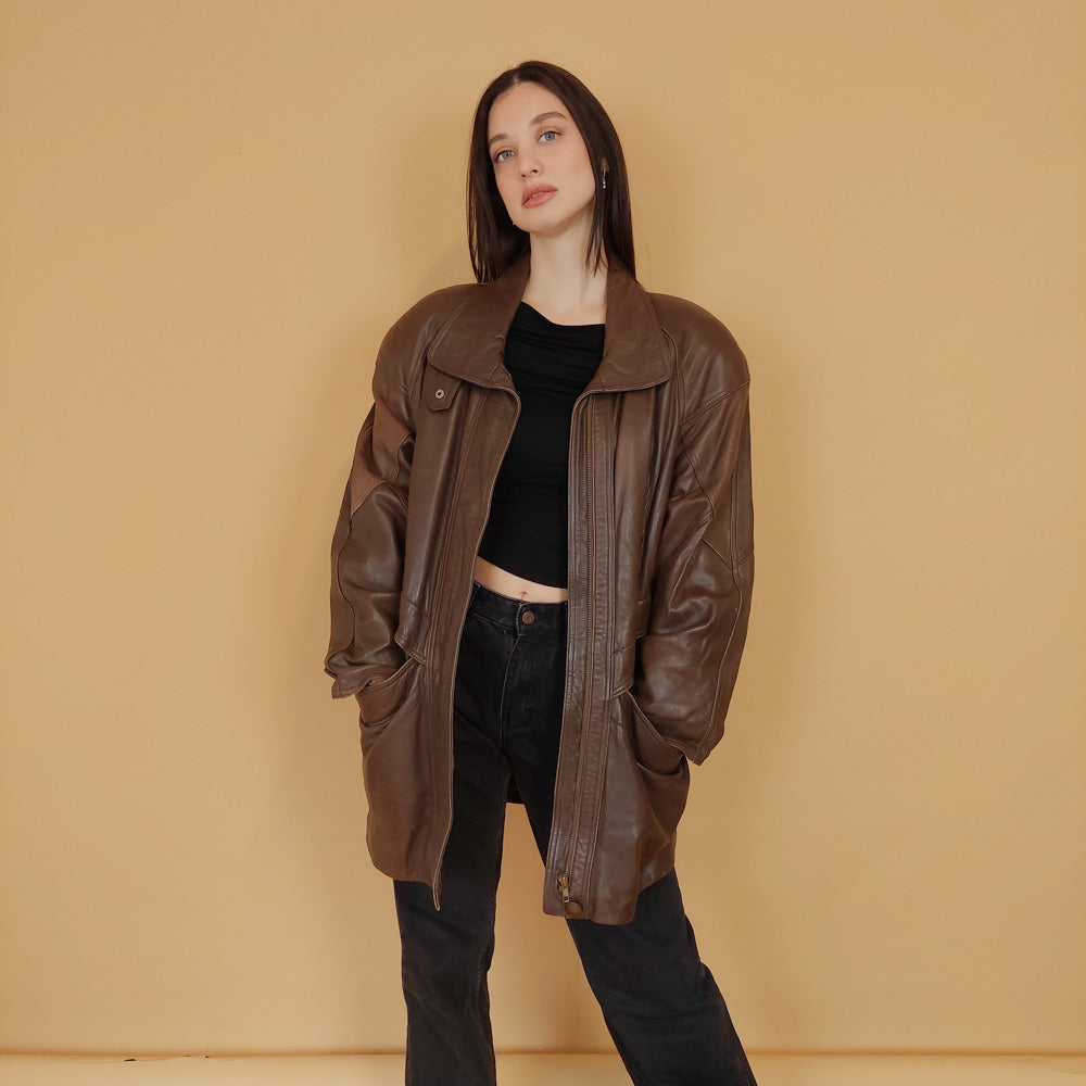 VIN-OUTW-30548 Vintage δερμάτινο τζάκετ καφέ 80's L
