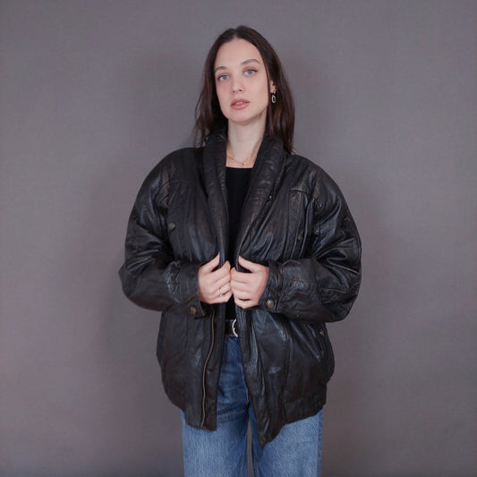 VIN-OUTW-33337 Vintage δερμάτινο μαύρο bomber jacket L-XL