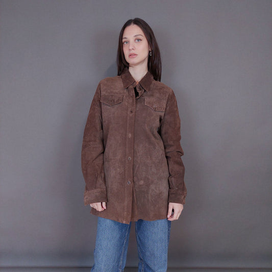 VIN-OUTW-33353 Vintage δερμάτινο σουέντ καφέ πουκάμισο L