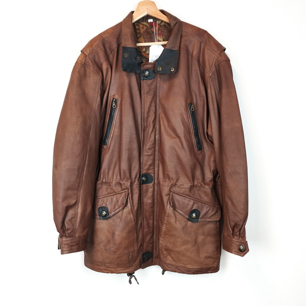 VIN-OUTW-29372 Vintage δερμάτινο jacket μακρύ καφέ L-XL