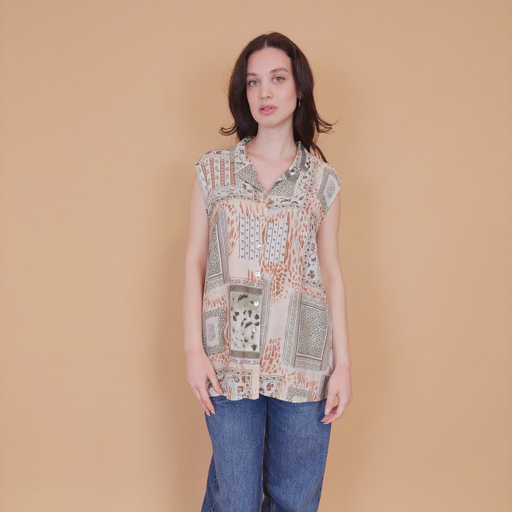 VIN-BLO-31418 Vintage πουκάμισο εμπριμέ αμάνικο L-XL