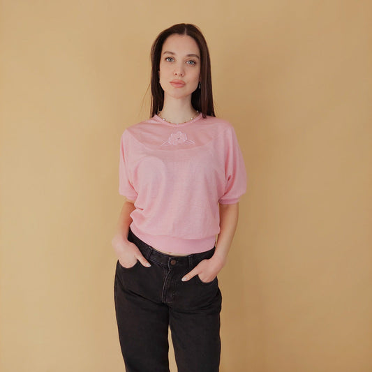 VIN-BLO-30436 Vintage πλεκτή ροζ μπλούζα S-M