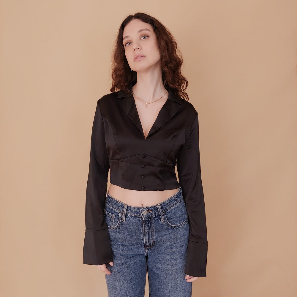 VIN-BLO-34839 Vintage top μαύρο σατέν S