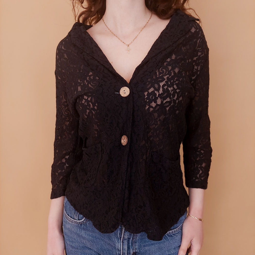 VIN-BLO-34842 Vintage top μαύρο δαντελένιο S-M