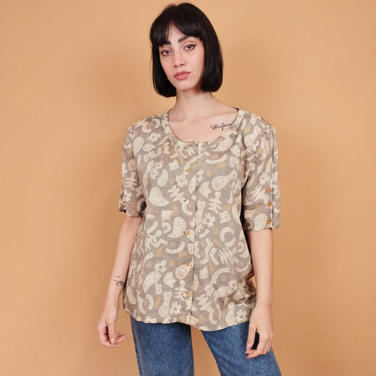 VIN-BLO-27414 Vintage πουκάμισο καφέ μπεζ L