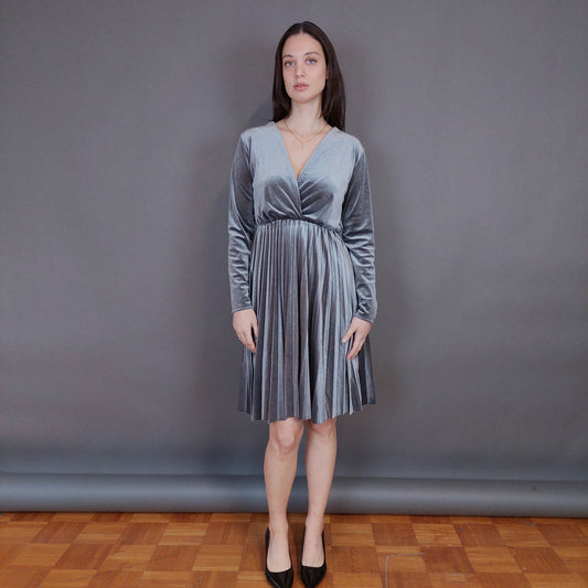 VIN-DR-33290 Vintage φόρεμα βελουτέ πλισέ γκρι L