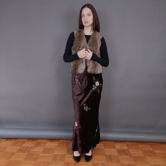 VIN-SKI-33274 Vintage βελουτέ φούστα καφέ με κεντημένα λουλούδια M