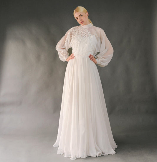 VIN-WED-23591 Vintage νυφικό φόρεμα 70's λευκό Μ-L