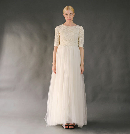 VIN-WED-23582 Vintage νυφικό φόρεμα κρεμ S