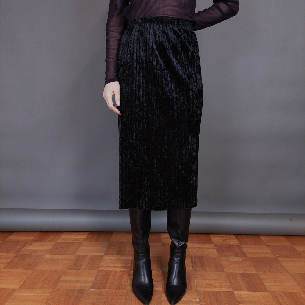 VIN-SKI-32930 Vintage βελουτέ φούστα πλισέ μαύρη XL