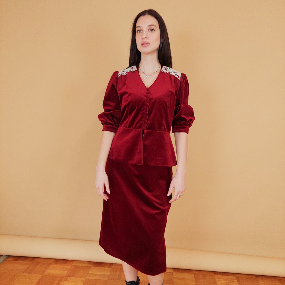 VIN-BLO-30013 Vintage βελουτέ top μπορντό S-Μ