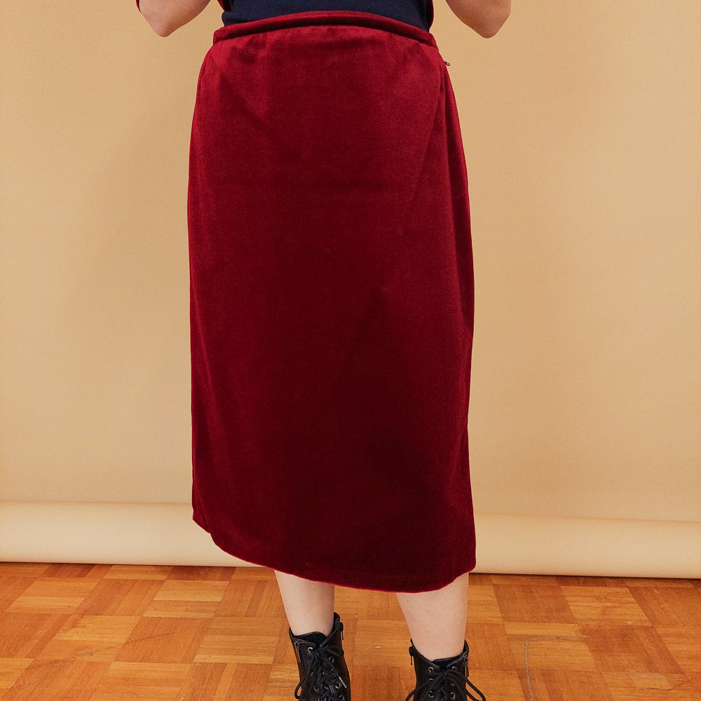 VIN-SKI-30014 Vintage βελουτέ φούστα μπορντό S-Μ