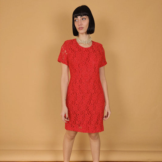 VIN-DR-25878 Vintage φόρεμα δαντέλα κόκκινο S